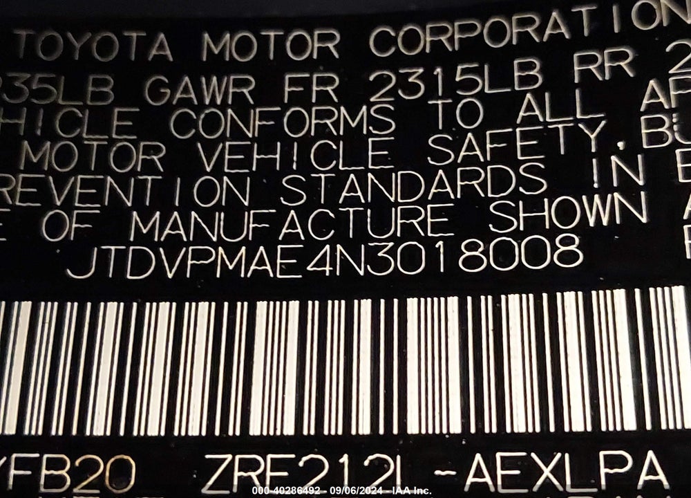 2022 TOYOTA COROLLA LE VIN: JTDVPMAE4N3018008