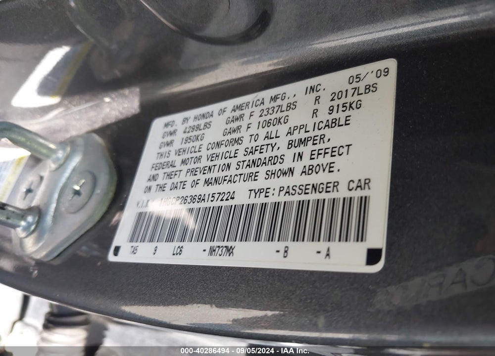 2009 HONDA ACCORD 2.4 LX VIN: 1HGCP26369A157224