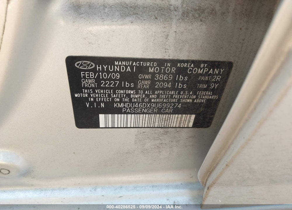 2009 HYUNDAI ELANTRA GLS VIN: KMHDU46DX9U699274