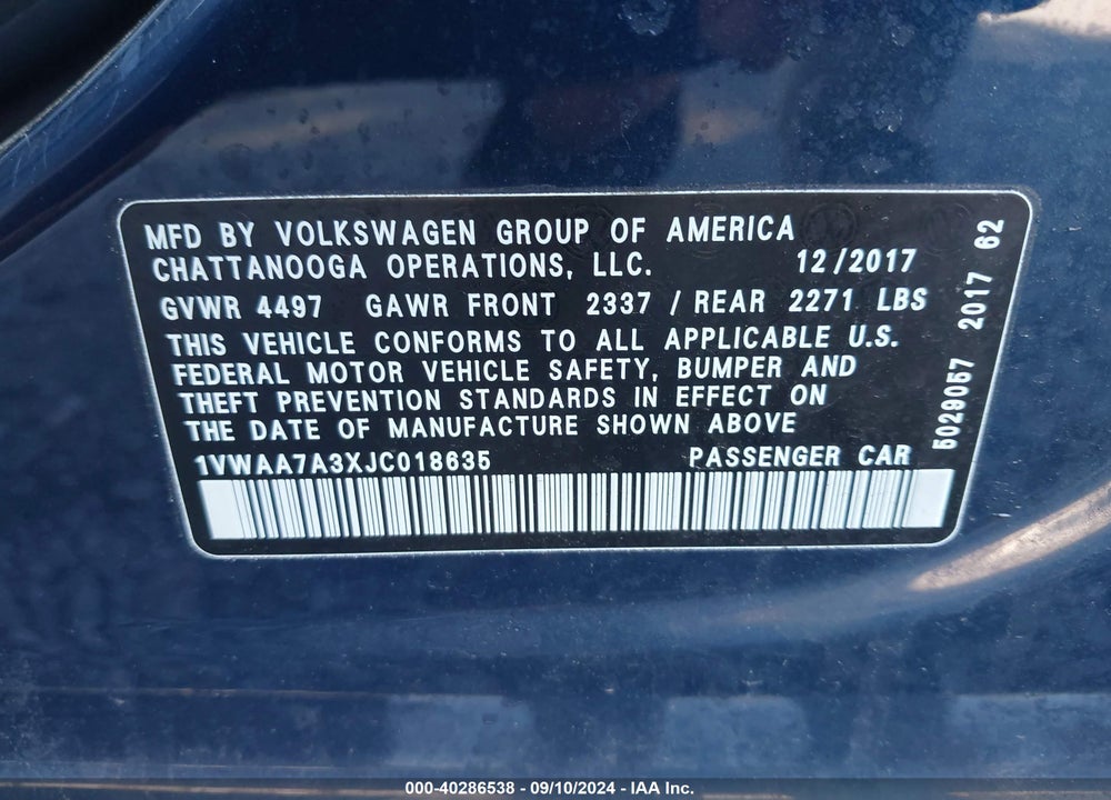 2018 VOLKSWAGEN PASSAT 2.0T R-LINE/2.0T S VIN: 1VWAA7A3XJC018635