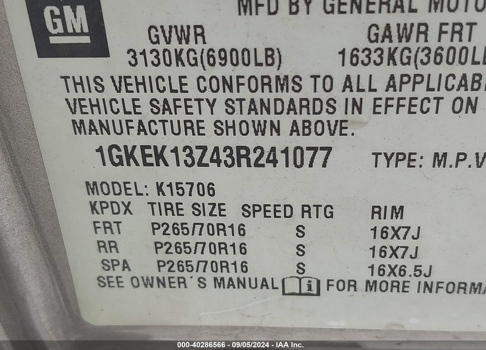 2003 GMC YUKON SLE VIN: 1GKEK13Z43R241077