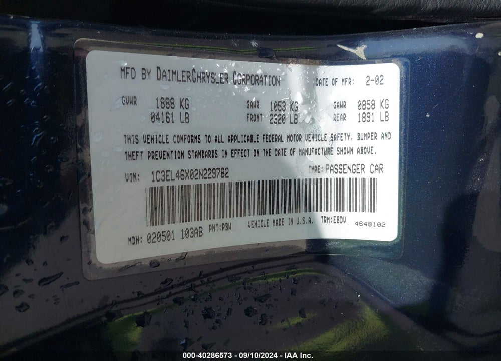 2002 CHRYSLER SEBRING VIN: 1C3EL46X02N229782