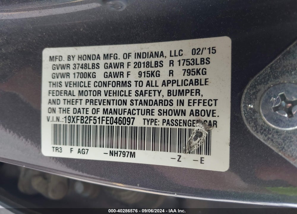 2015 HONDA CIVIC LX VIN: 19XFB2F51FE046097