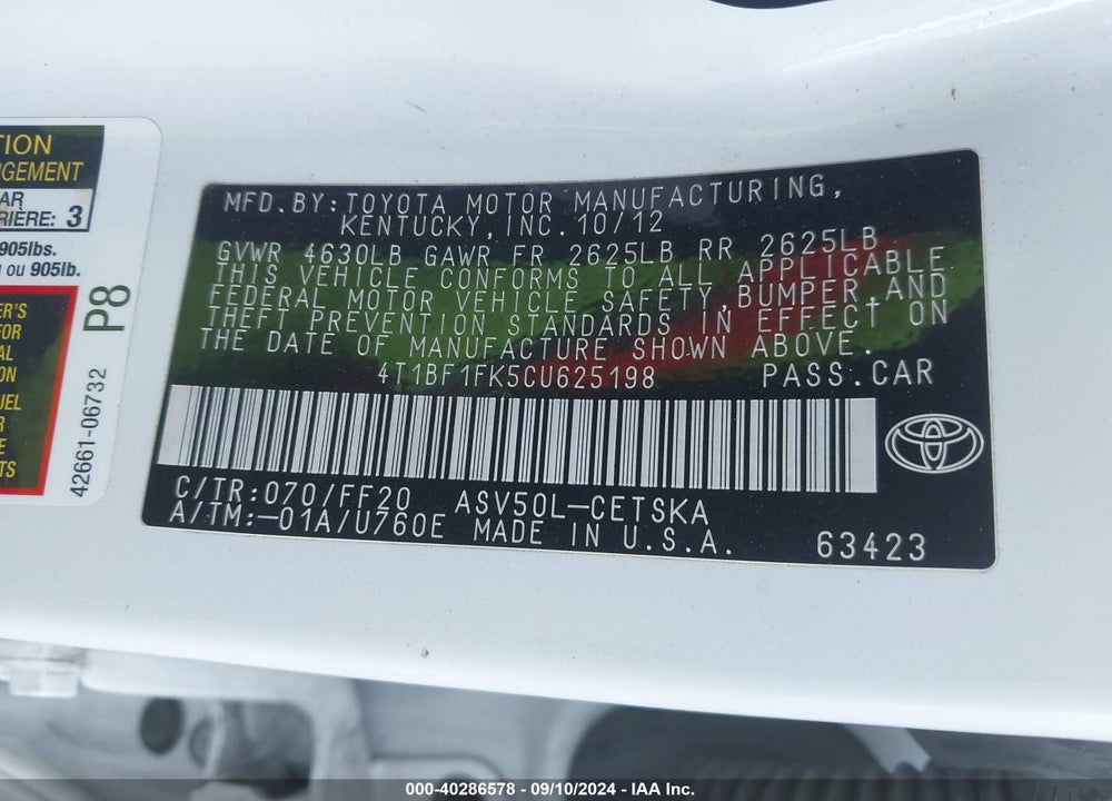 2012 TOYOTA CAMRY SE LIMITED EDITION VIN: 4T1BF1FK5CU625198