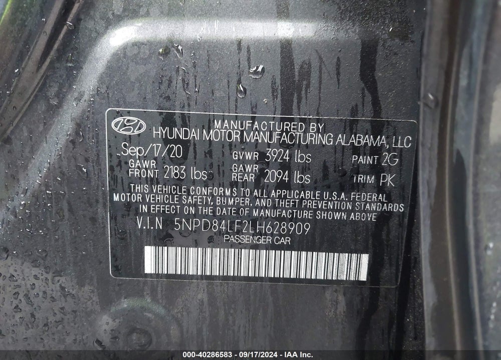2020 HYUNDAI ELANTRA SEL VIN: 5NPD84LF2LH628909