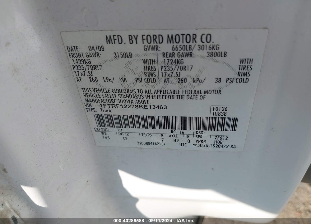 2008 FORD F-150 STX/XL/XLT VIN: 1FTRF12278KE13463