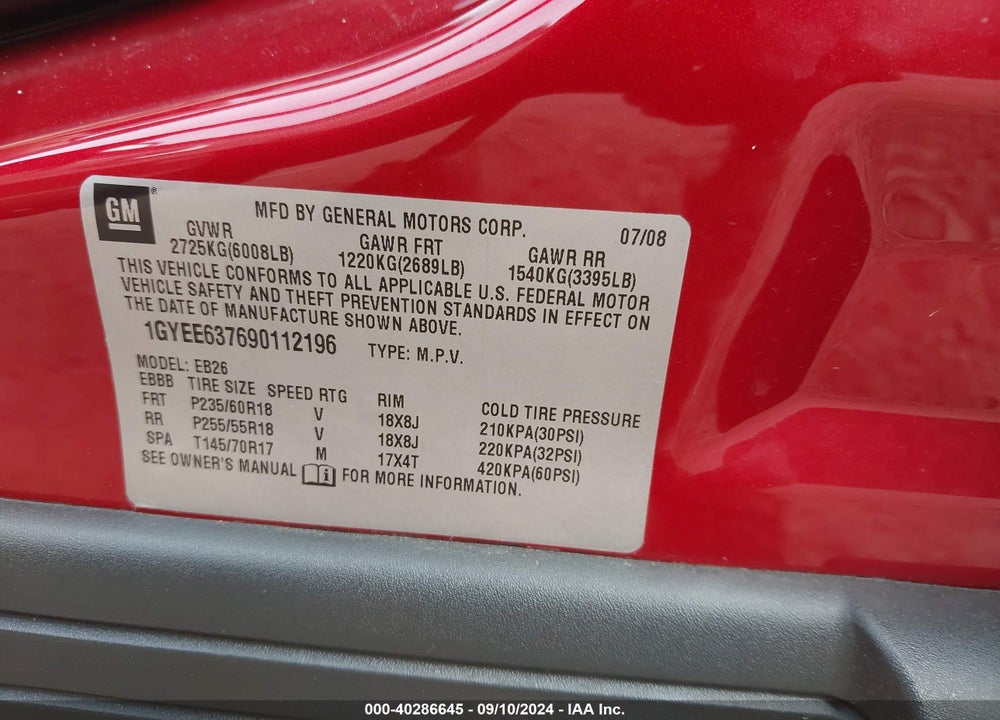 2009 CADILLAC SRX V6 VIN: 1GYEE637690112196