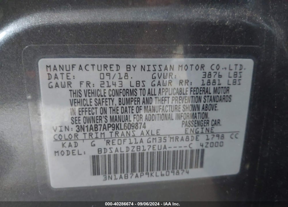 2019 NISSAN SENTRA SV VIN: 3N1AB7AP9KL609874