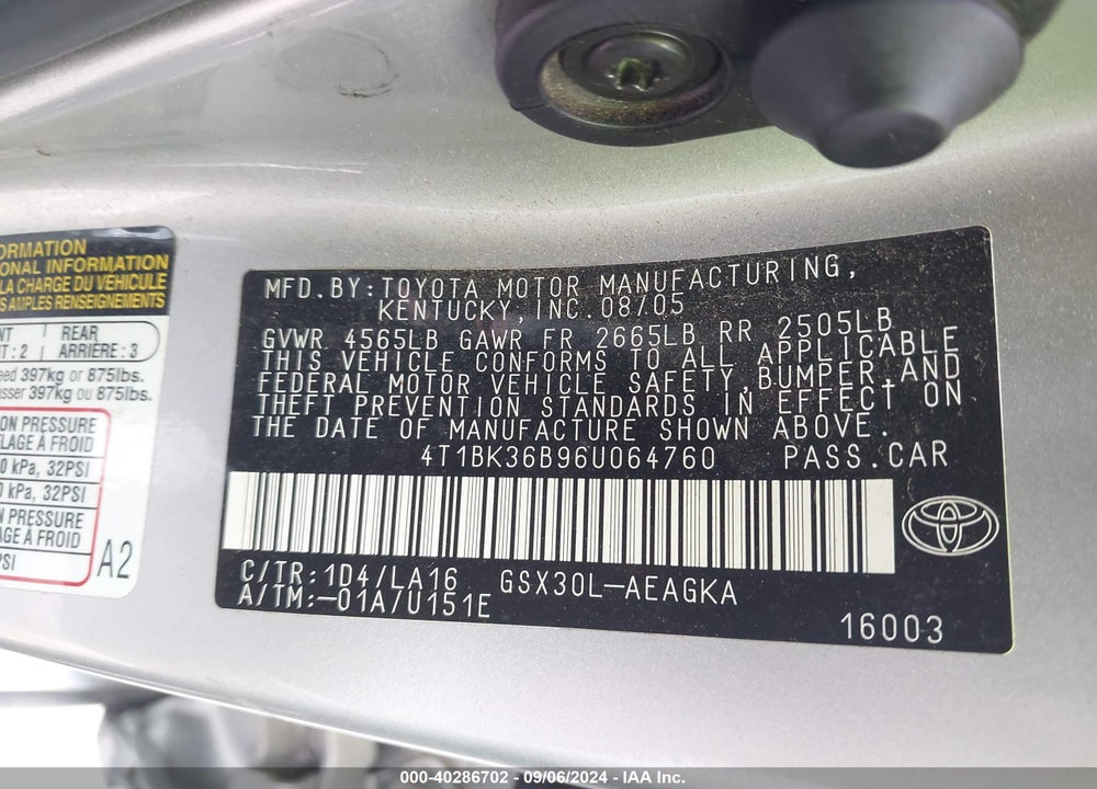 2006 TOYOTA AVALON XLS VIN: 4T1BK36B96U064760