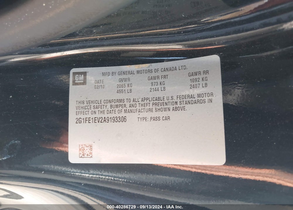 2010 CHEVROLET CAMARO 1LS VIN: 2G1FE1EV2A9193306