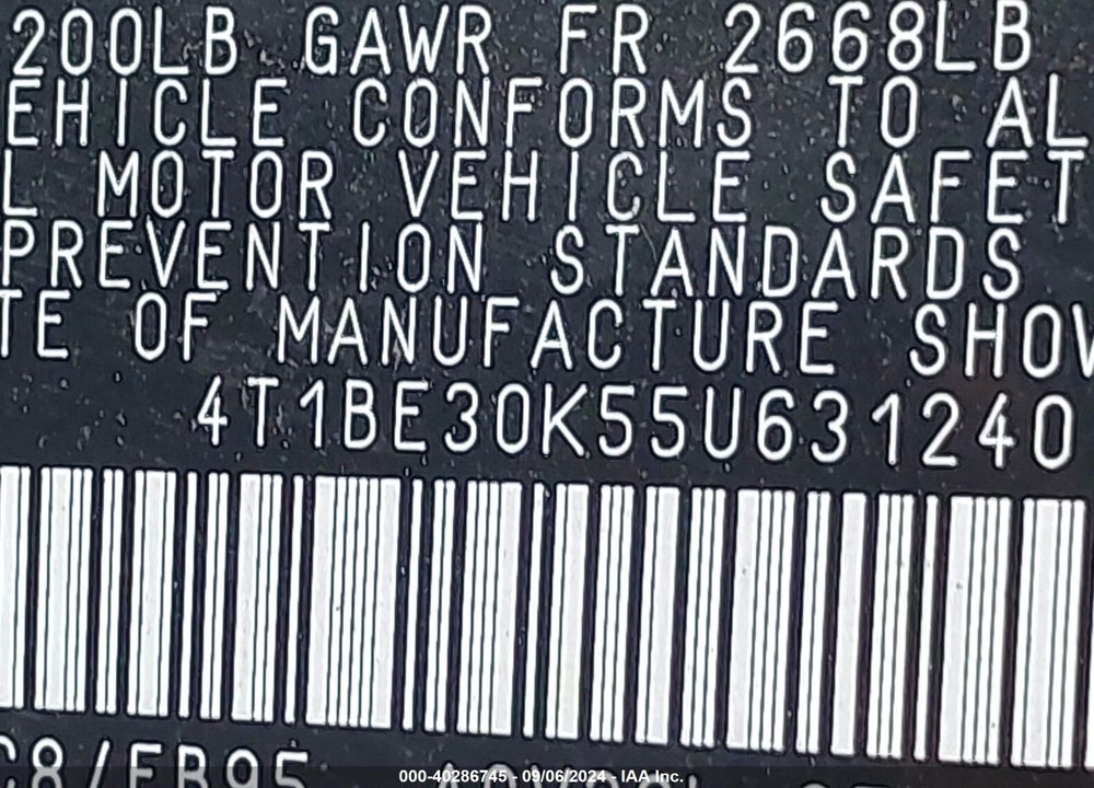2005 TOYOTA CAMRY LE VIN: 4T1BE30K55U631240