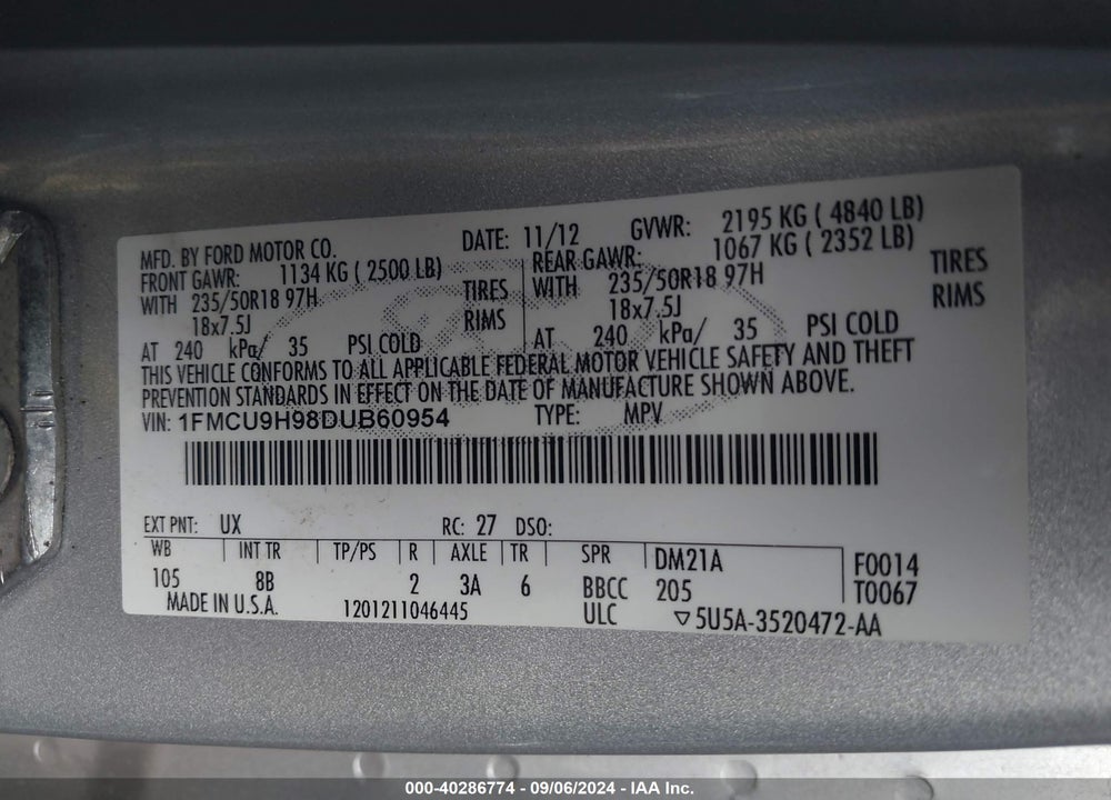 2013 FORD ESCAPE SEL VIN: 1FMCU9H98DUB60954