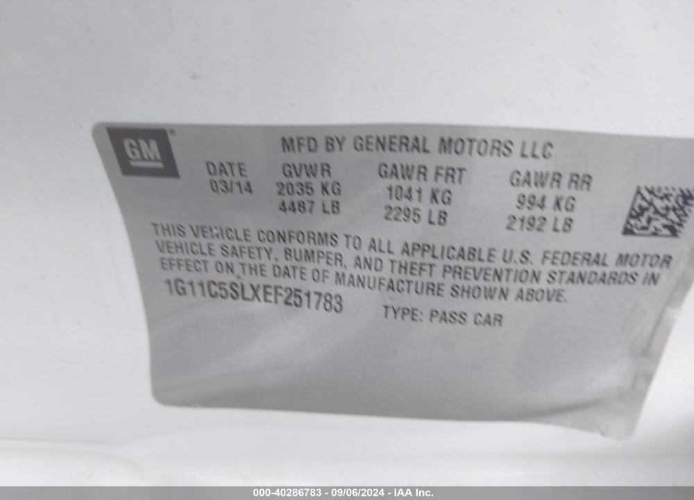 2014 CHEVROLET MALIBU 1LT VIN: 1G11C5SLXEF251783