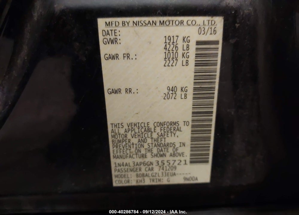 2016 NISSAN ALTIMA 2.5/2.5 S/2.5 SL/2.5 SR/2.5 SV VIN: 1N4AL3AP6GN355721