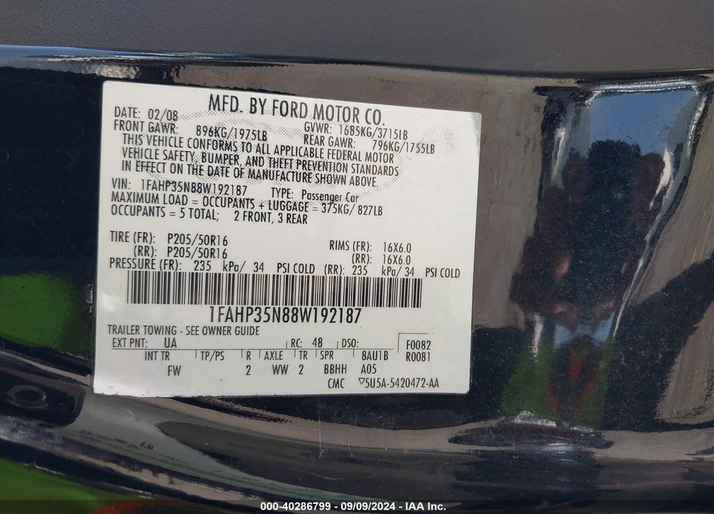 2008 FORD FOCUS VIN: 1FAHP35N88W192187