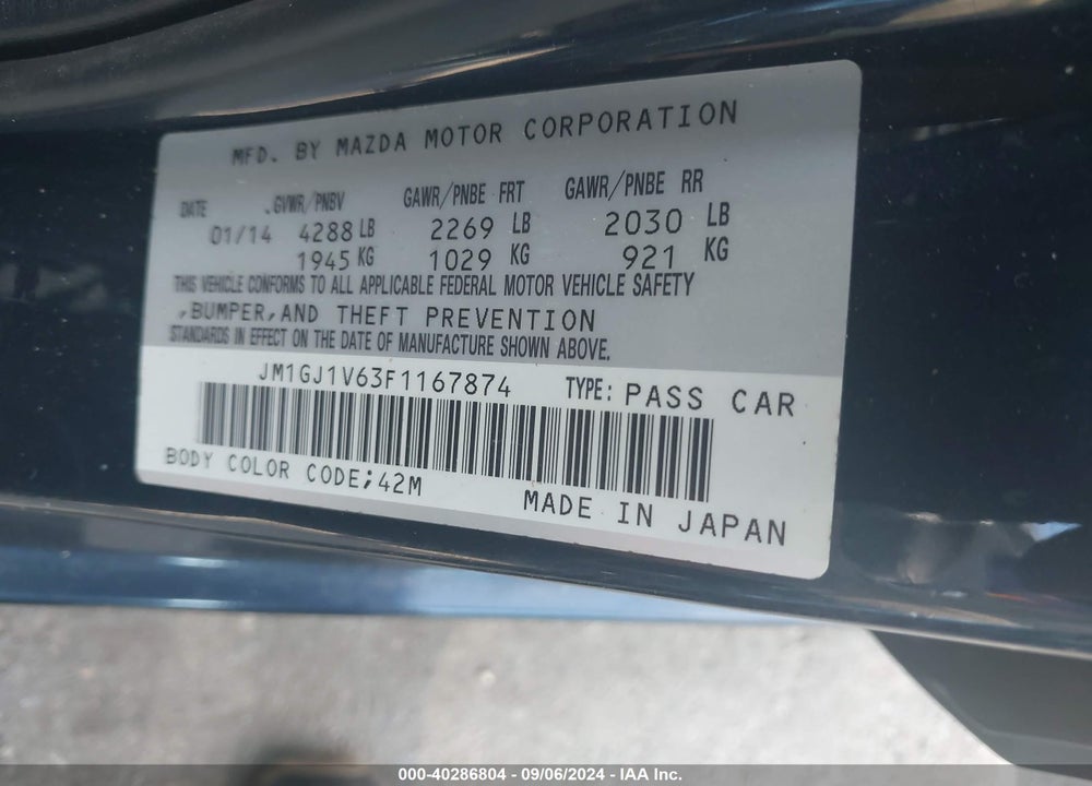 2015 MAZDA 6 I TOURING VIN: JM1GJ1V63F1167874