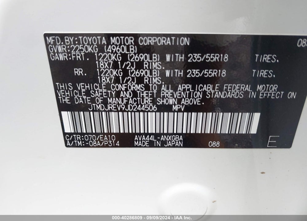 2018 TOYOTA RAV4 HYBRID LIMITED VIN: JTMDJREV9JD244506