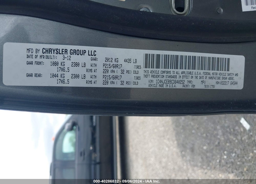 2012 JEEP COMPASS LATITUDE VIN: 1C4NJCEB9CD640252