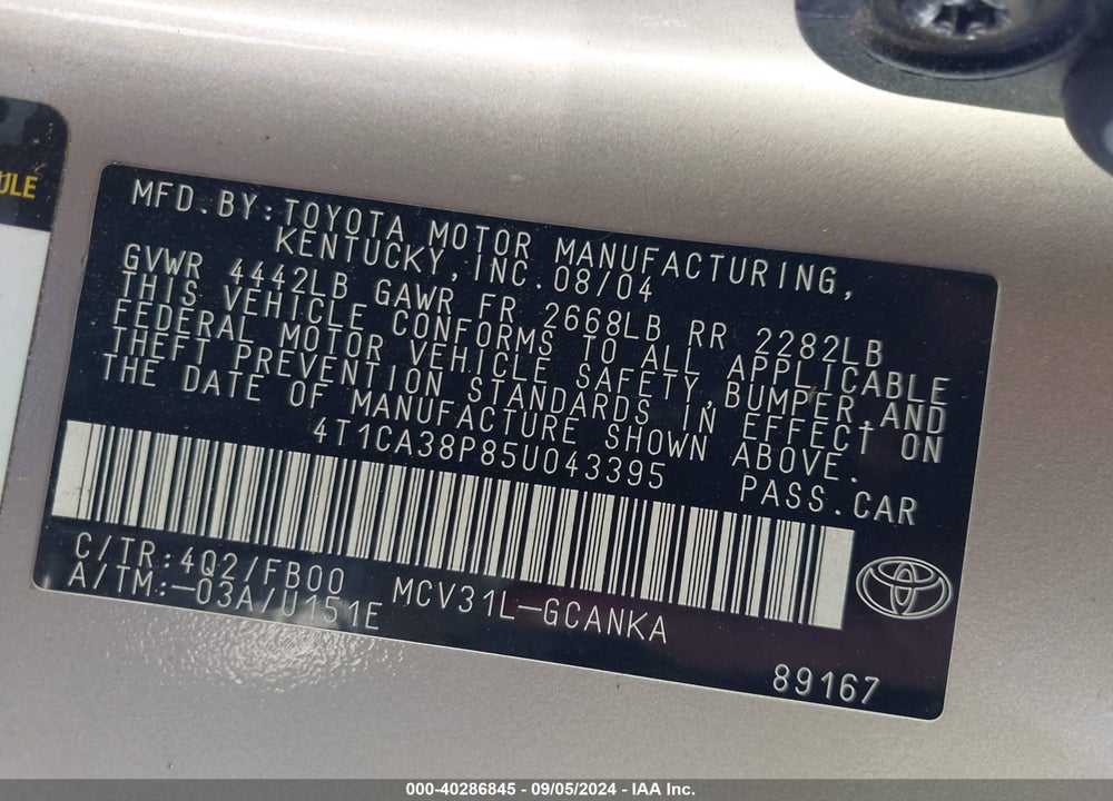 2005 TOYOTA CAMRY SOLARA VIN: 4T1CA38P85U043395