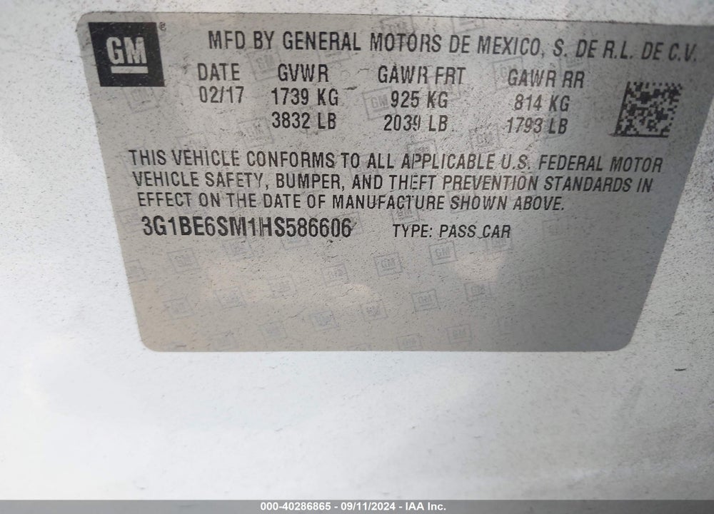 2017 CHEVROLET CRUZE LT AUTO VIN: 3G1BE6SM1HS586606