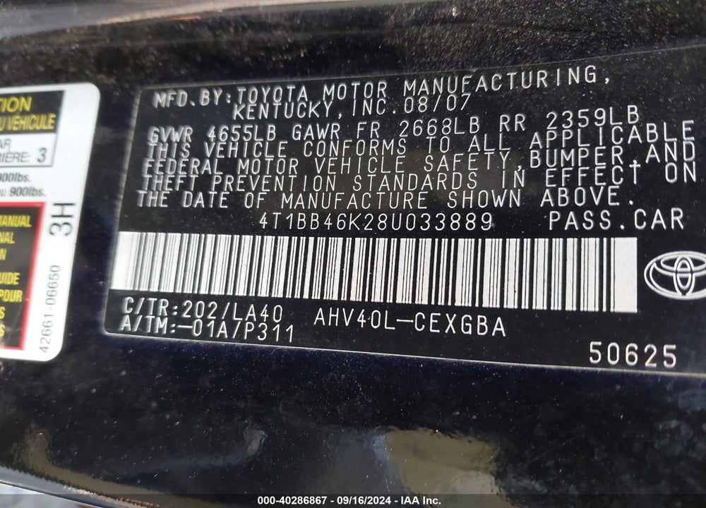 2008 TOYOTA CAMRY HYBRID VIN: 4T1BB46K28U033889
