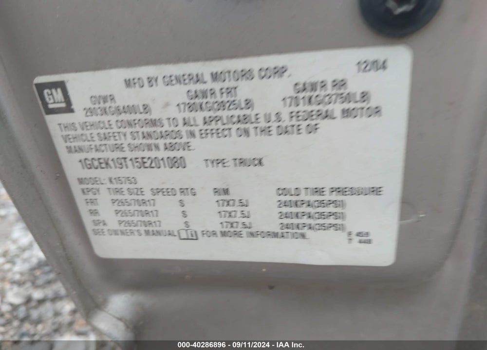 2005 CHEVROLET SILVERADO 1500 LT VIN: 1GCEK19T15E201080