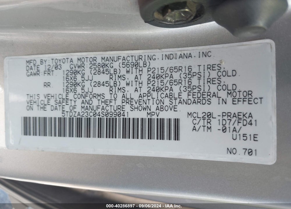 2004 TOYOTA SIENNA CE VIN: 5TDZA23C04S099041