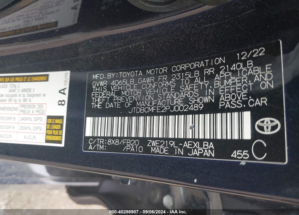 2023 TOYOTA COROLLA HYBRID LE VIN: JTDBCMFE2PJ002489