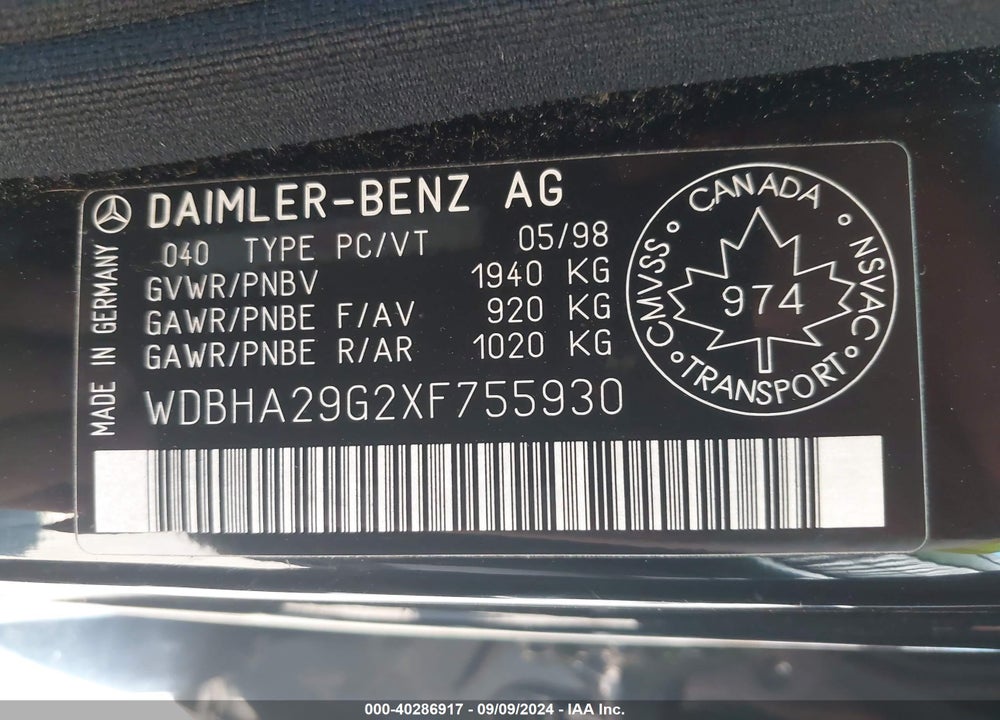 1999 MERCEDES-BENZ C 280 VIN: WDBHA29G2XF755930