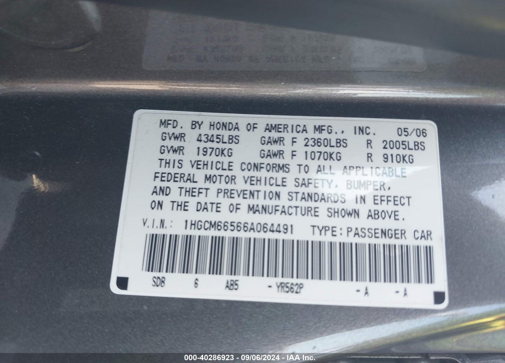 2006 HONDA ACCORD 3.0 EX VIN: 1HGCM66566A064491