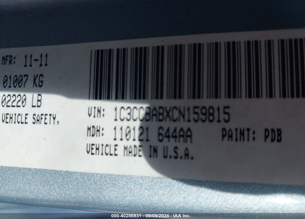 2012 CHRYSLER 200 LX VIN: 1C3CCBABXCN159815