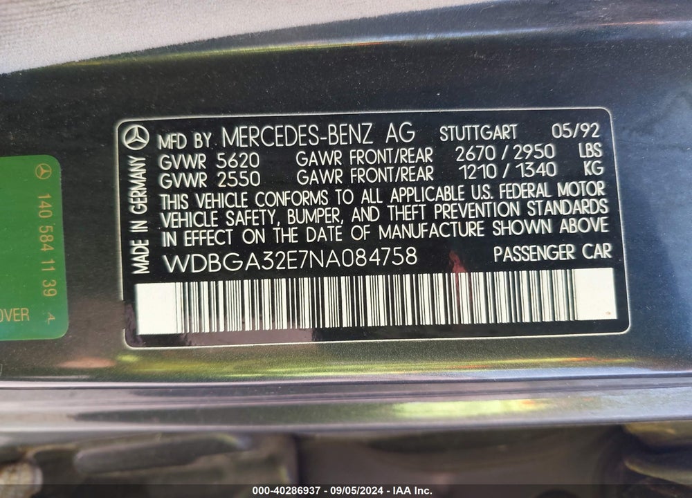 1992 MERCEDES-BENZ 300 SE VIN: WDBGA32E7NA084758