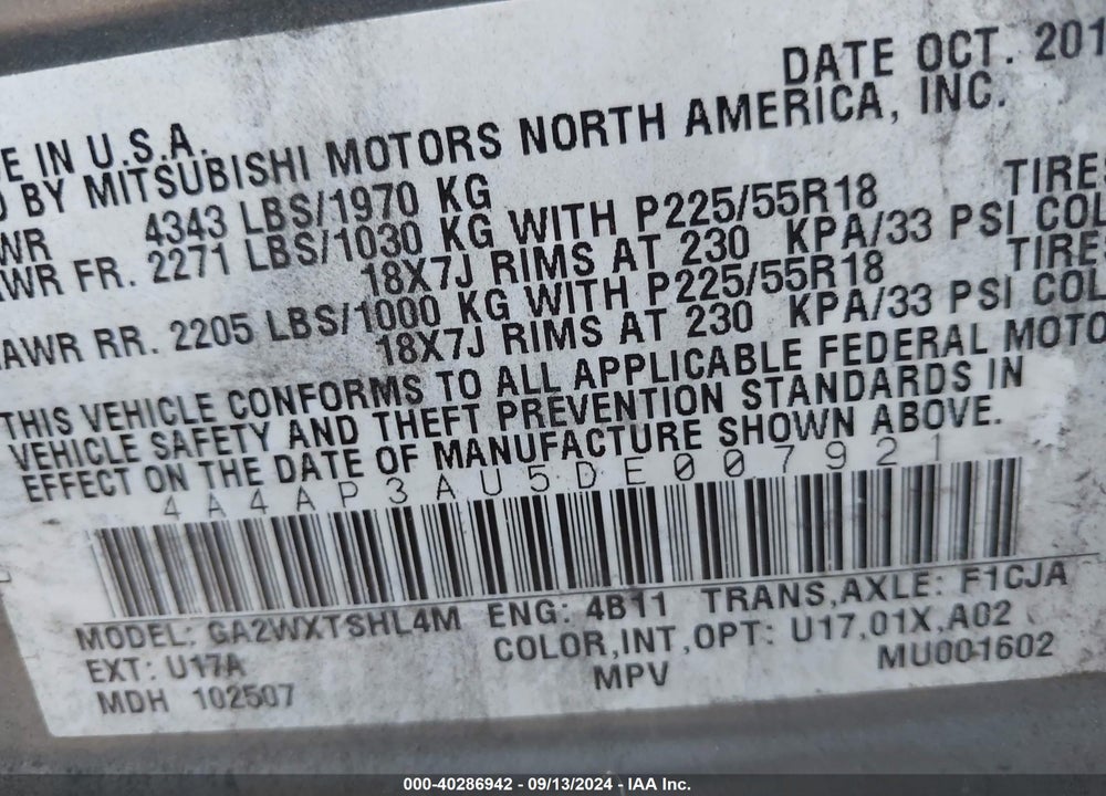 2013 MITSUBISHI OUTLANDER SPORT ES VIN: 4A4AP3AU5DE007921