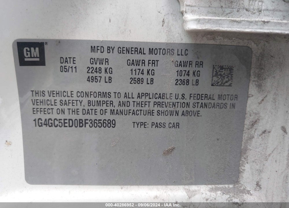 2011 BUICK LACROSSE CXL VIN: 1G4GC5ED0BF365689