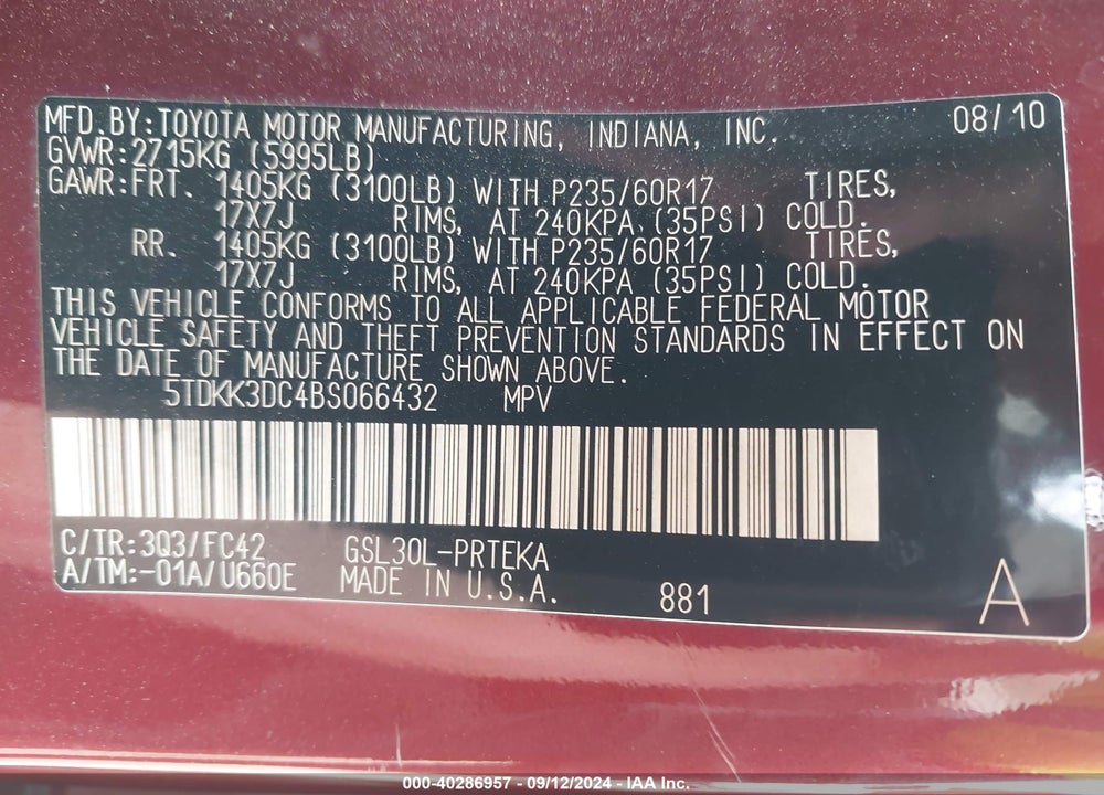 2011 TOYOTA SIENNA LE V6 VIN: 5TDKK3DC4BS066432