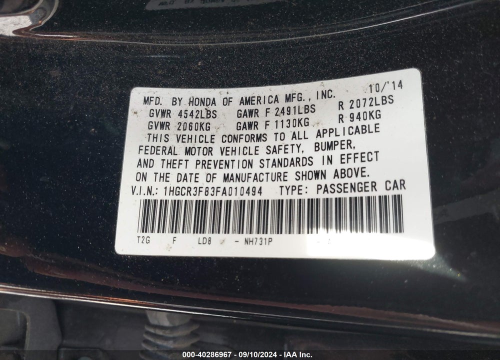 2015 HONDA ACCORD EX-L V-6 VIN: 1HGCR3F83FA010494