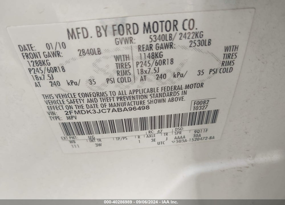 2010 FORD EDGE SEL VIN: 2FMDK3JC7ABA96498