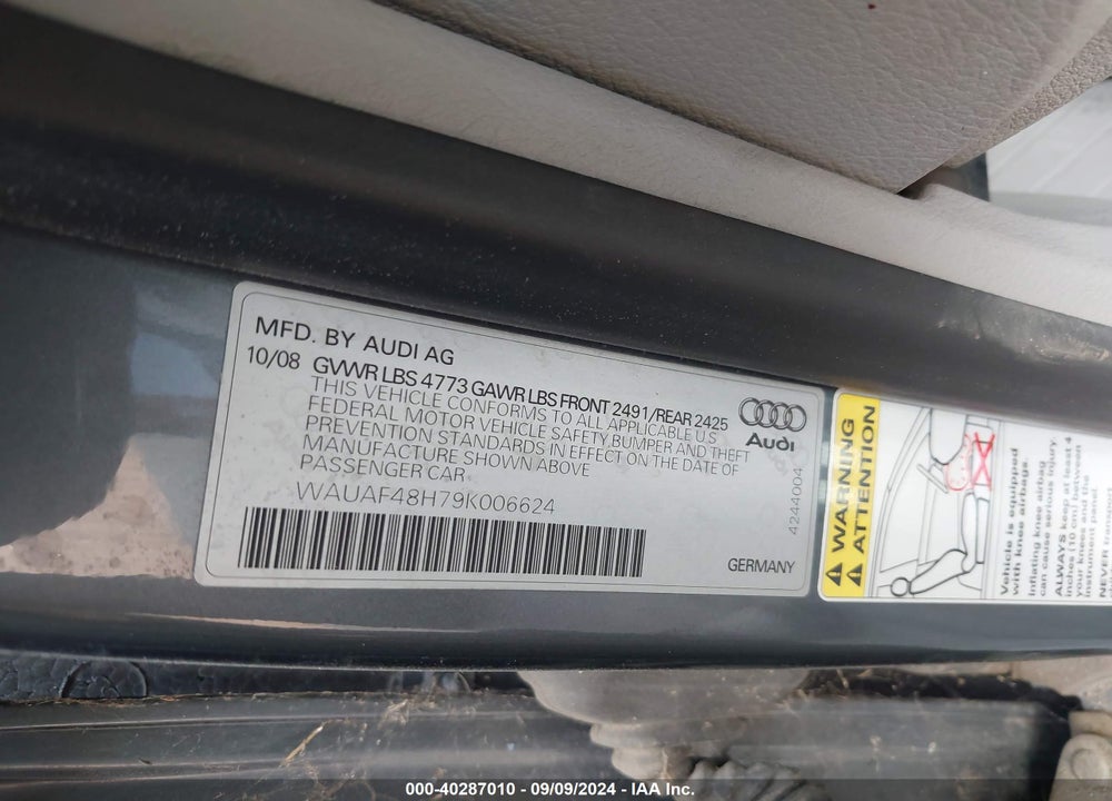 2009 AUDI A4 2.0T VIN: WAUAF48H79K006624
