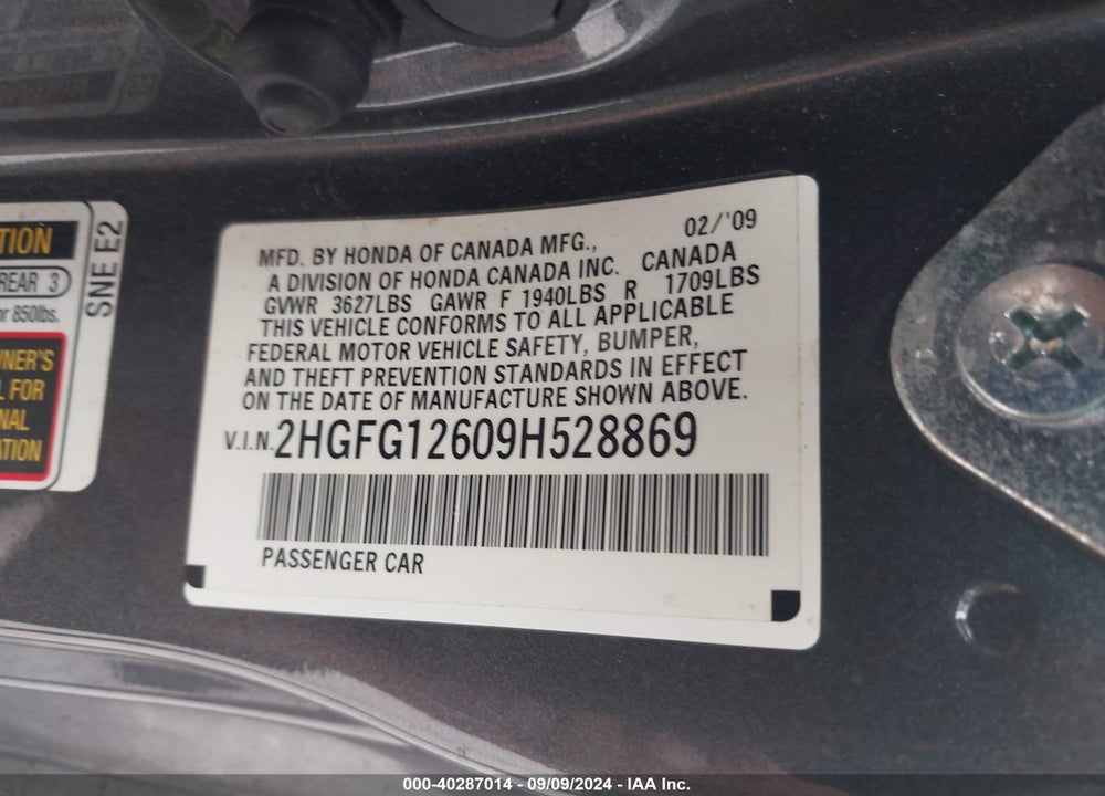 2009 HONDA CIVIC LX VIN: 2HGFG12609H528869