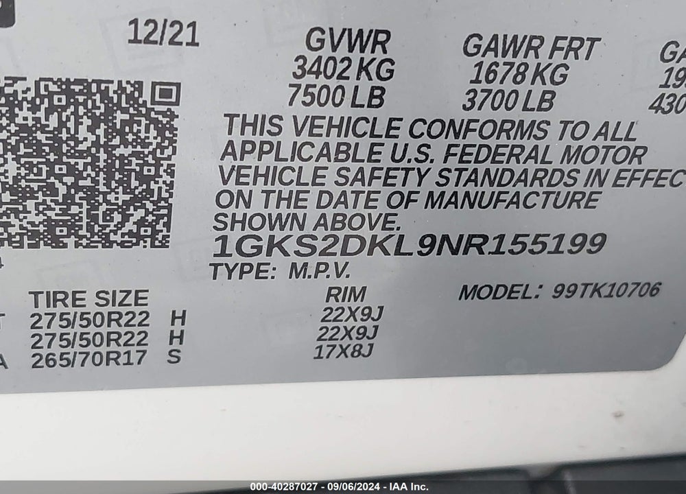 2022 GMC YUKON 4WD DENALI VIN: 1GKS2DKL9NR155199