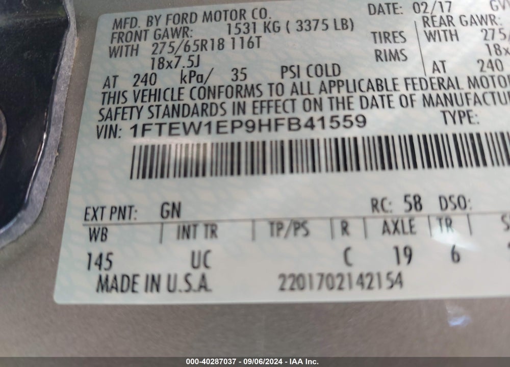 2017 FORD F-150 XLT VIN: 1FTEW1EP9HFB41559
