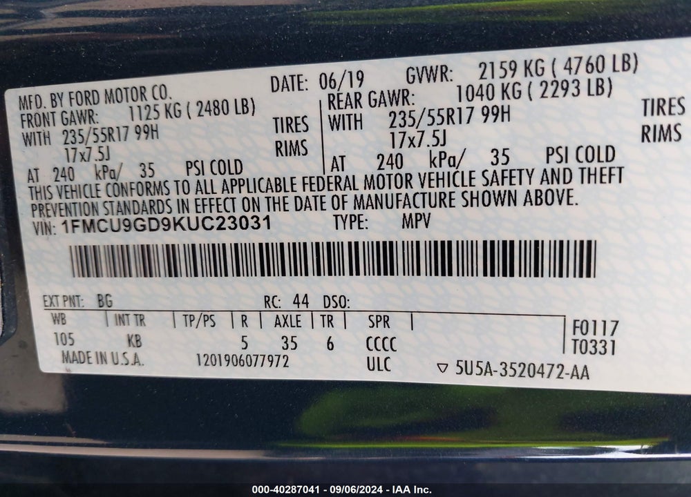 2019 FORD ESCAPE SE VIN: 1FMCU9GD9KUC23031