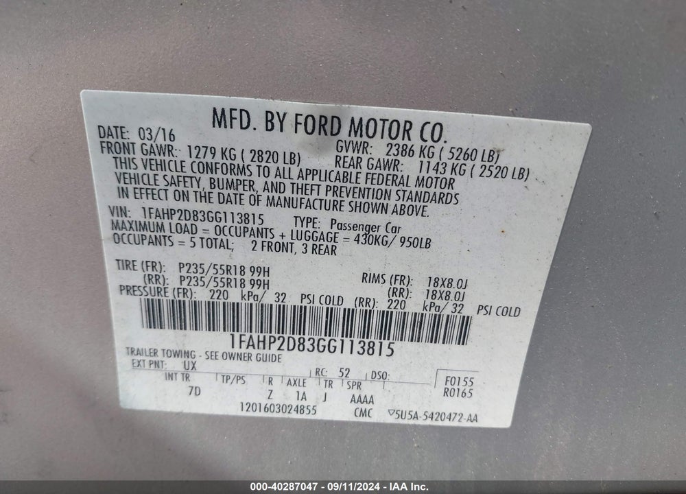 2016 FORD TAURUS SE VIN: 1FAHP2D83GG113815