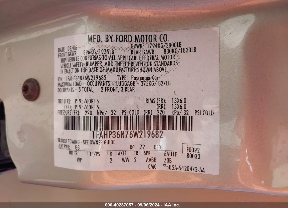 2006 FORD FOCUS ZXW VIN: 1FAHP36N76W219682