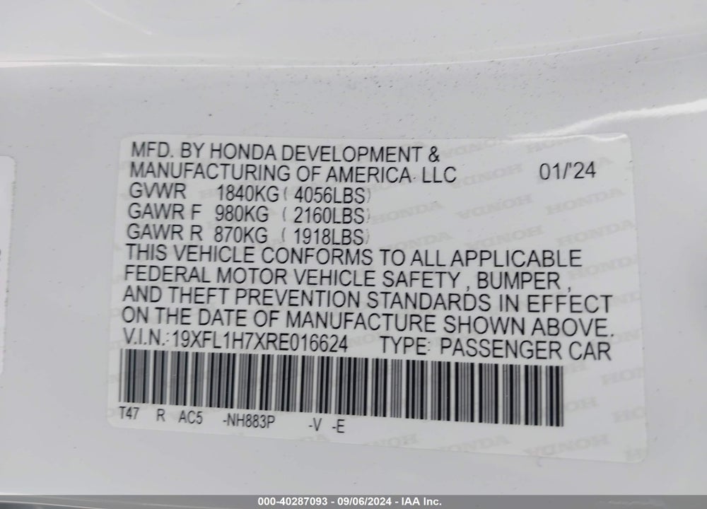 2024 HONDA CIVIC EX-L VIN: 19XFL1H7XRE016624