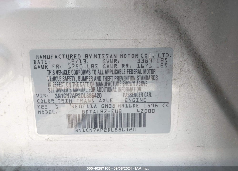 2013 NISSAN VERSA 1.6 SV VIN: 3N1CN7AP2DL886420
