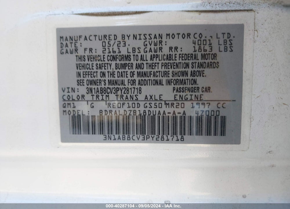 2023 NISSAN SENTRA SV XTRONIC CVT VIN: 3N1AB8CV3PY281718