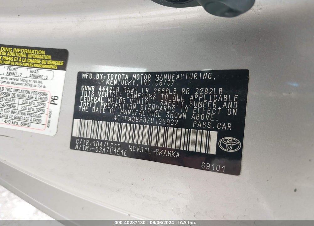 2007 TOYOTA CAMRY SOLARA VIN: 4T1FA38P87U135932