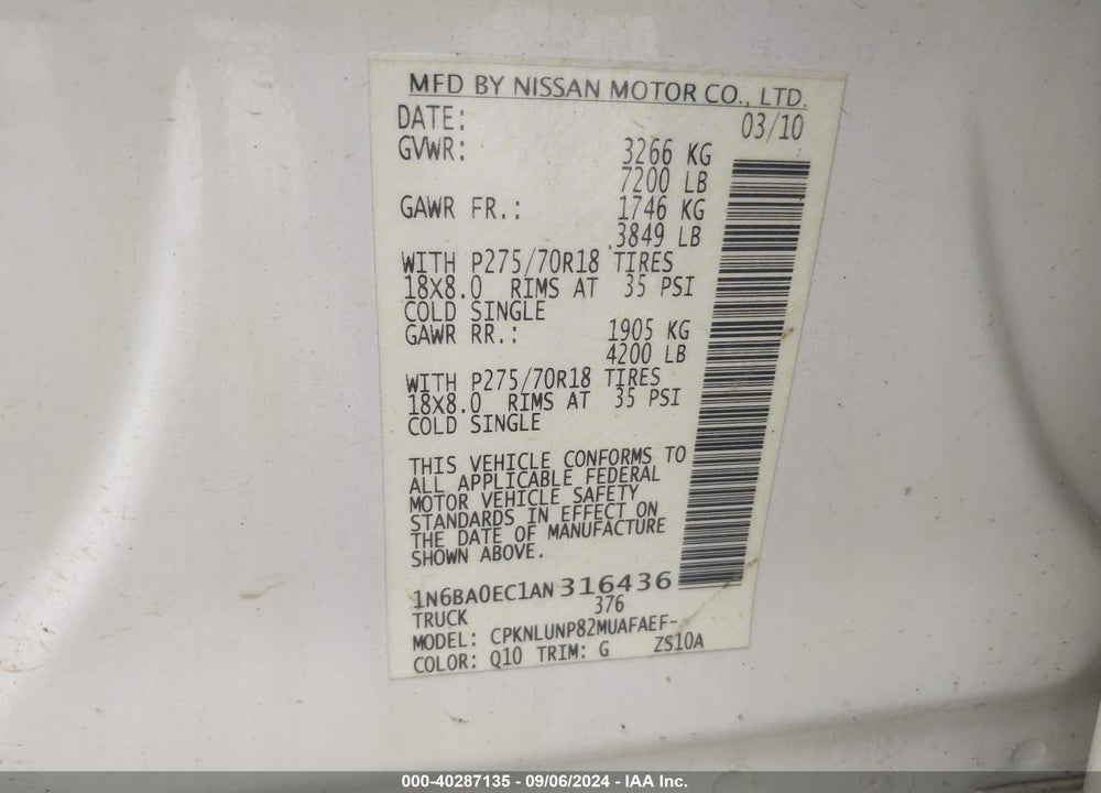 2010 NISSAN TITAN PRO-4X VIN: 1N6BA0EC1AN316436