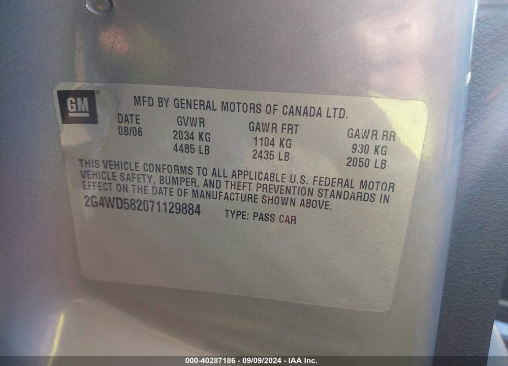 2007 BUICK LACROSSE CXL VIN: 2G4WD582071129884